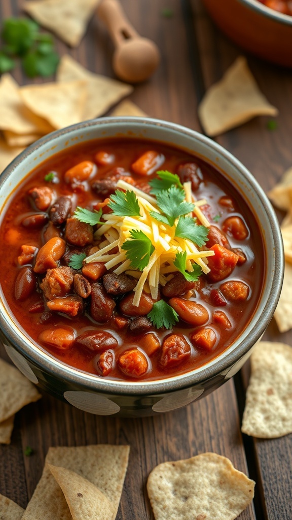 A bowl of beef chili with beans, topped with cheese and cilantro, served with tortilla chips.